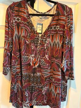 Avenue Burgundy Multi-Print V-Neck Henley Tunic